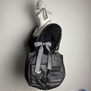 Black Leather Tote Bag with Bow Accent